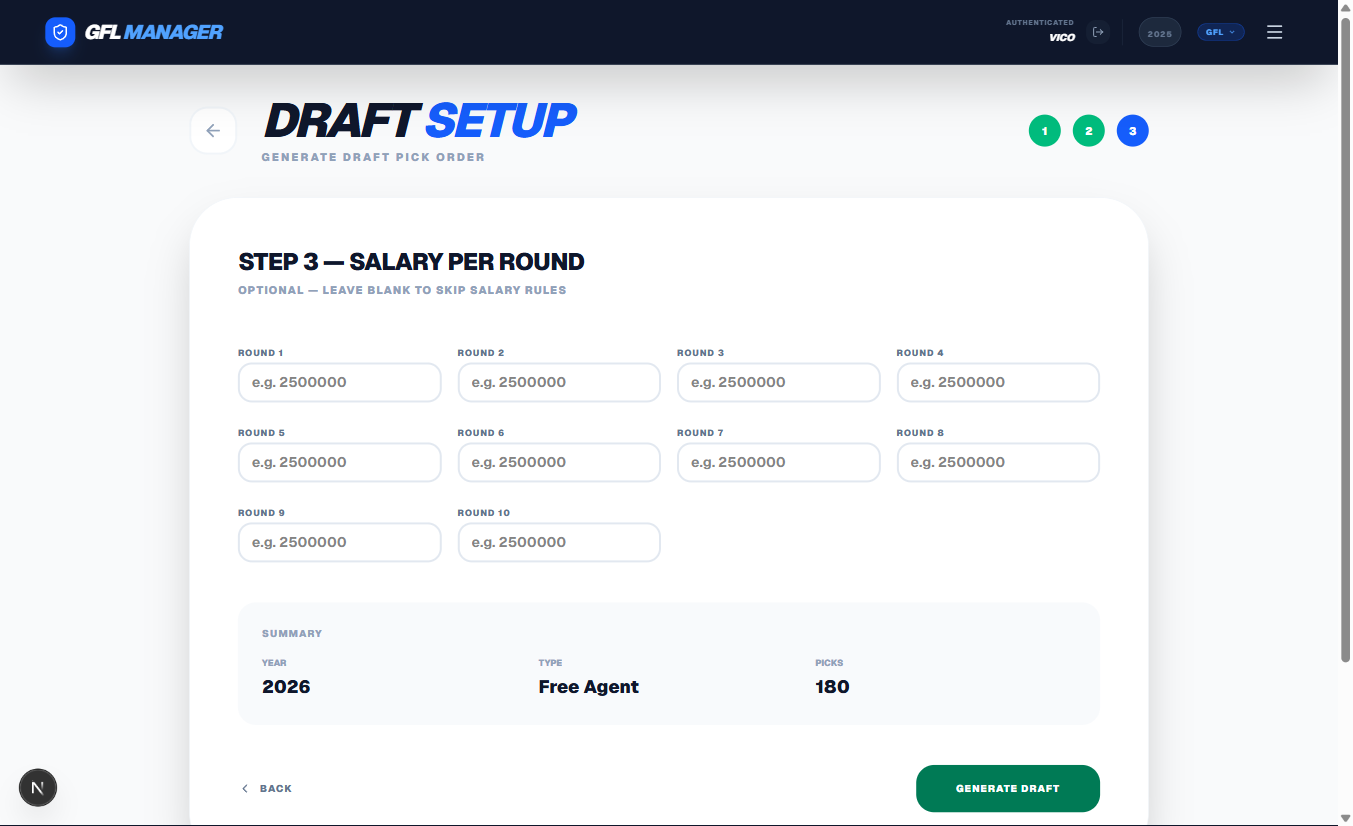 Draft Setup Wizard — Step 3