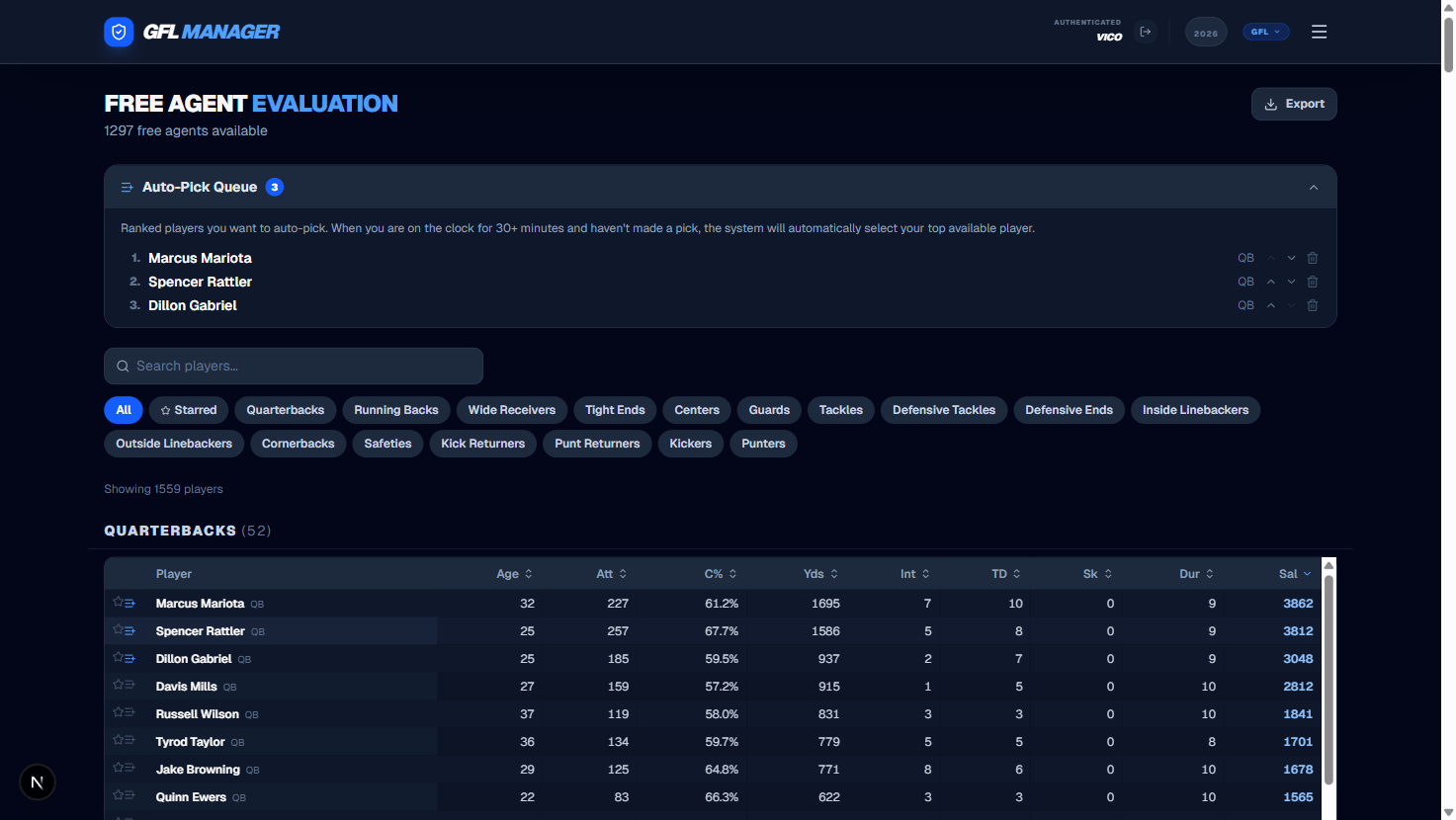 Auto-Pick Queue panel — expanded with players queued