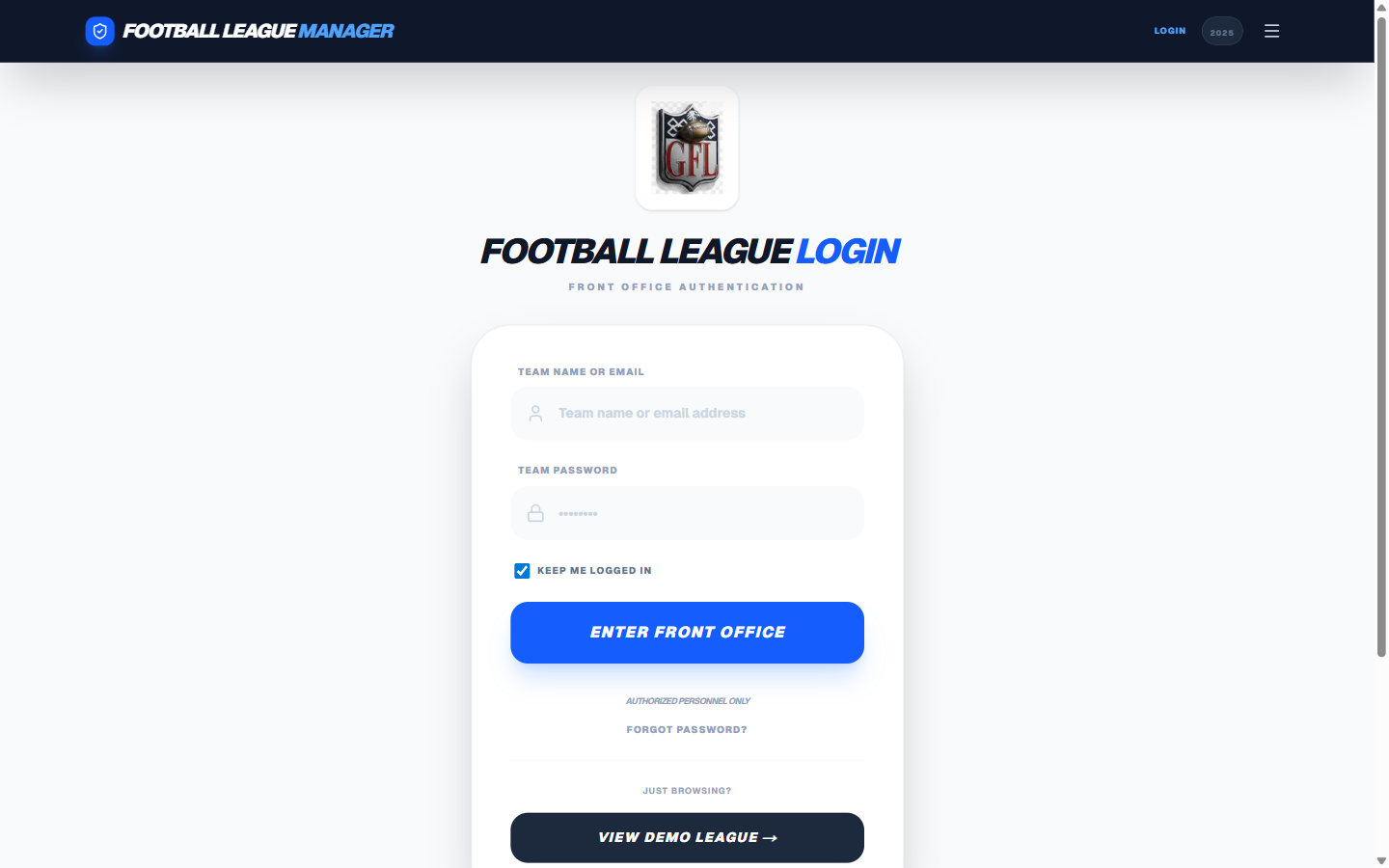 AFL Front Office Login Page